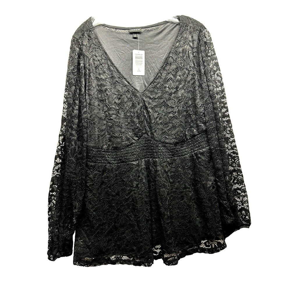 Torrid 1X Black Lace Stretch V-Neck Lined Nylon Blend Blouse Top NEW (H7)